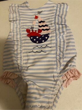 Blue & White Striped Baby Romper with Sailboat Crab Applique